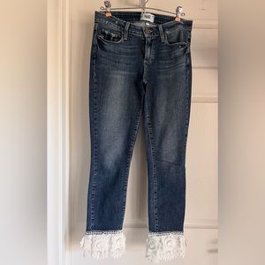 Paige stretch jeans size 28 waist 36 length with 4” white flower fabric trim.